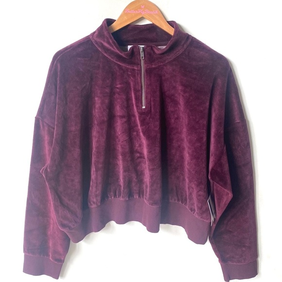 (A6) Nordstrom Abound Velvet Velour Quarter Zip Crop Top Burgundy Stem Wine, 3X - Picture 1 of 10
